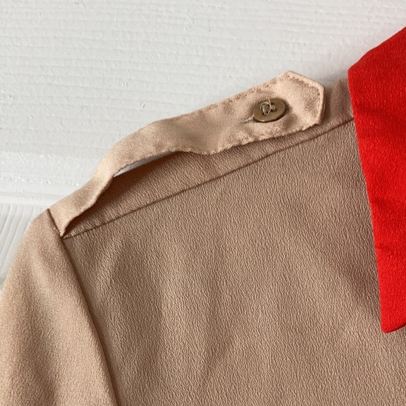 New York and company tan beige orange red button front long sleeve blouse top - Picture 7 of 17